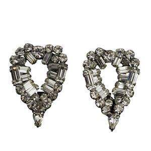 Heart Rhinestone Clip On Earrings Baguettes Silver Tone Vintage Valentines Bride